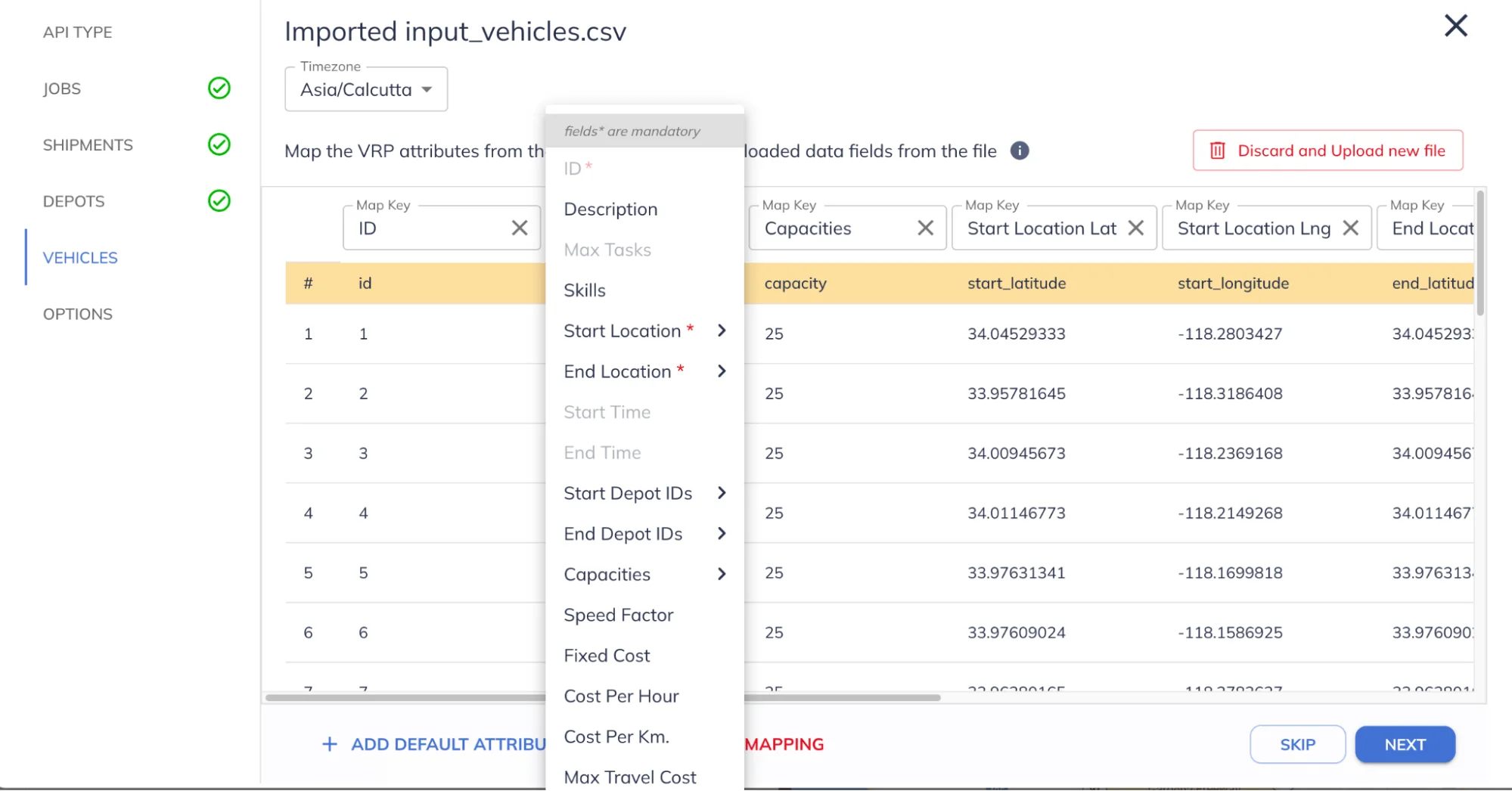 Mapping optimizer attributes for vehicles to CSV columns