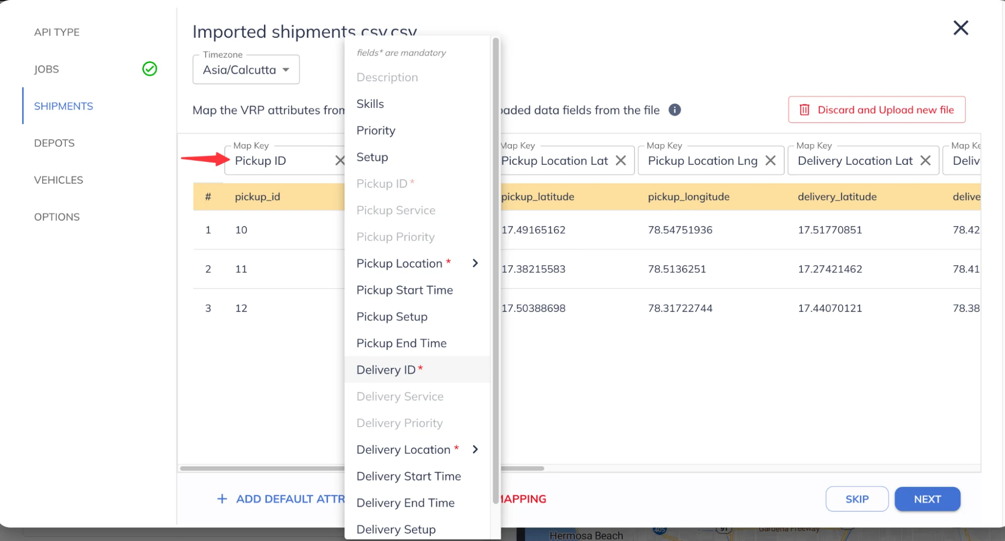 Mapping optimizer attributes for shipments to CSV columns