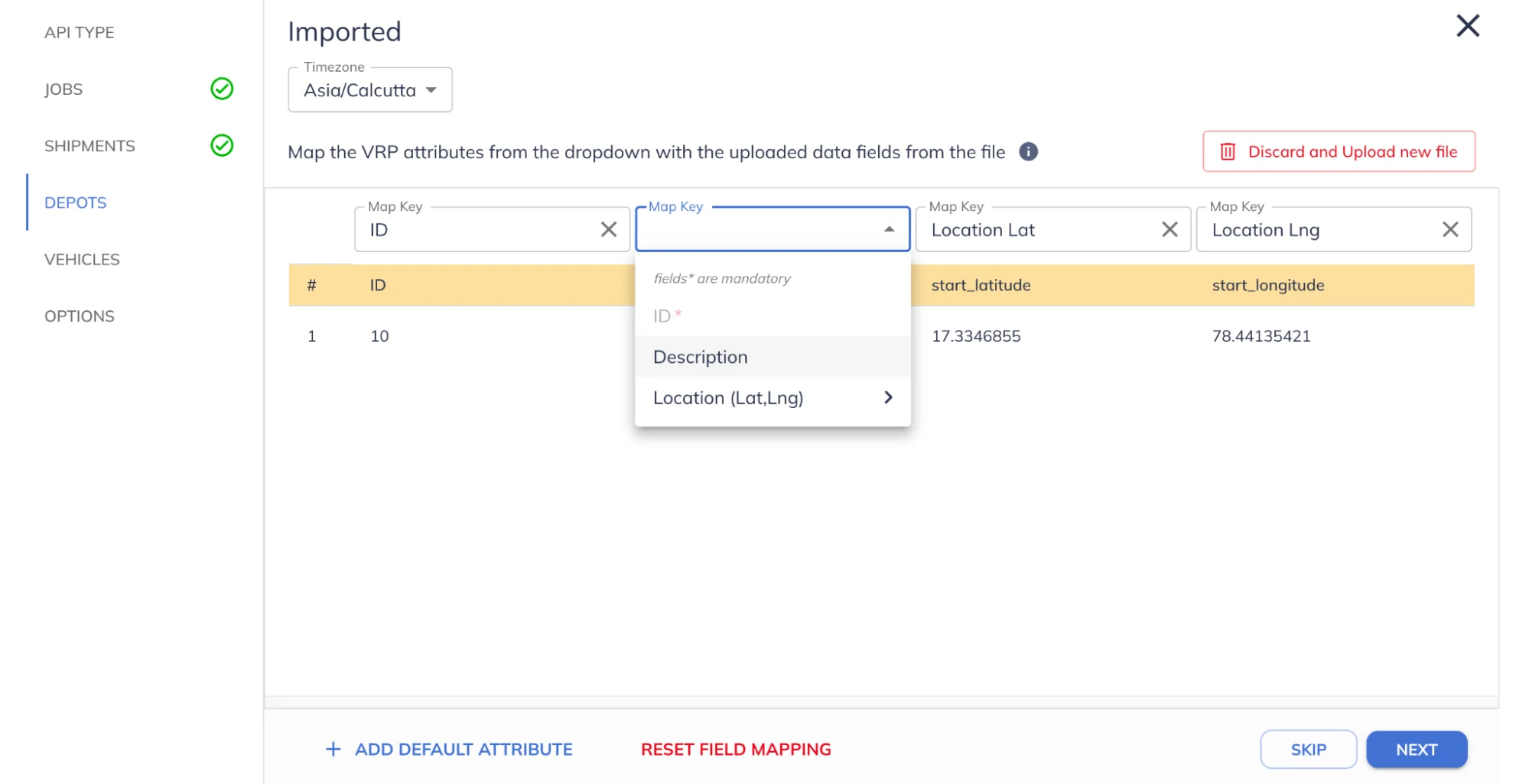 Mapping optimizer attributes for depots to CSV columns