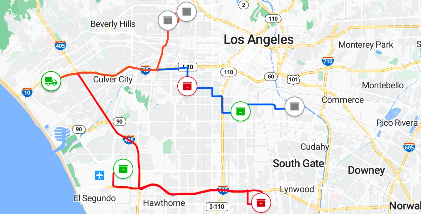 Sample route plan when different transportation costs are in play