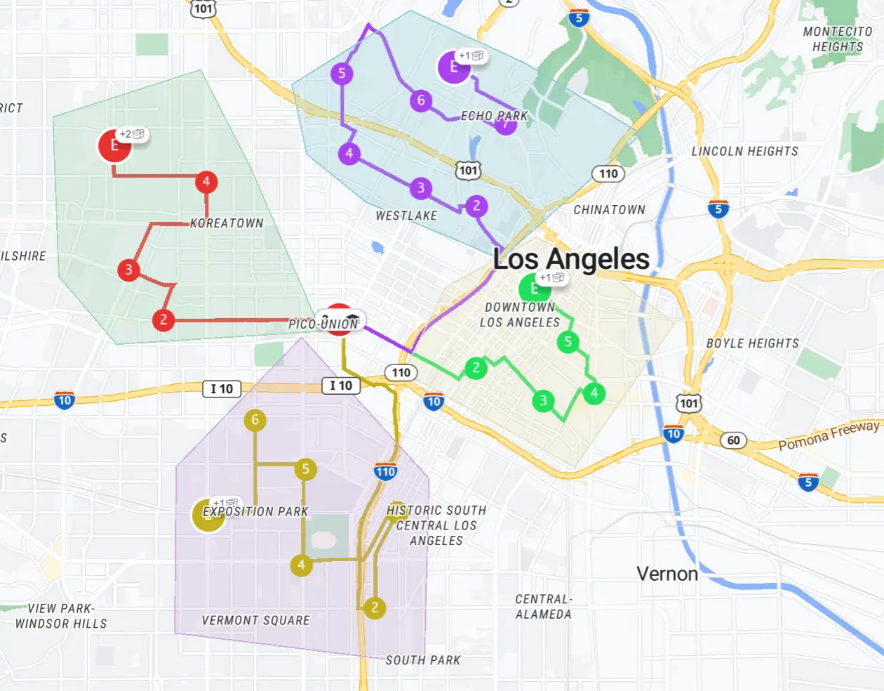 Sample route plan when vehicles are allowed to fulfill tasks in given zones