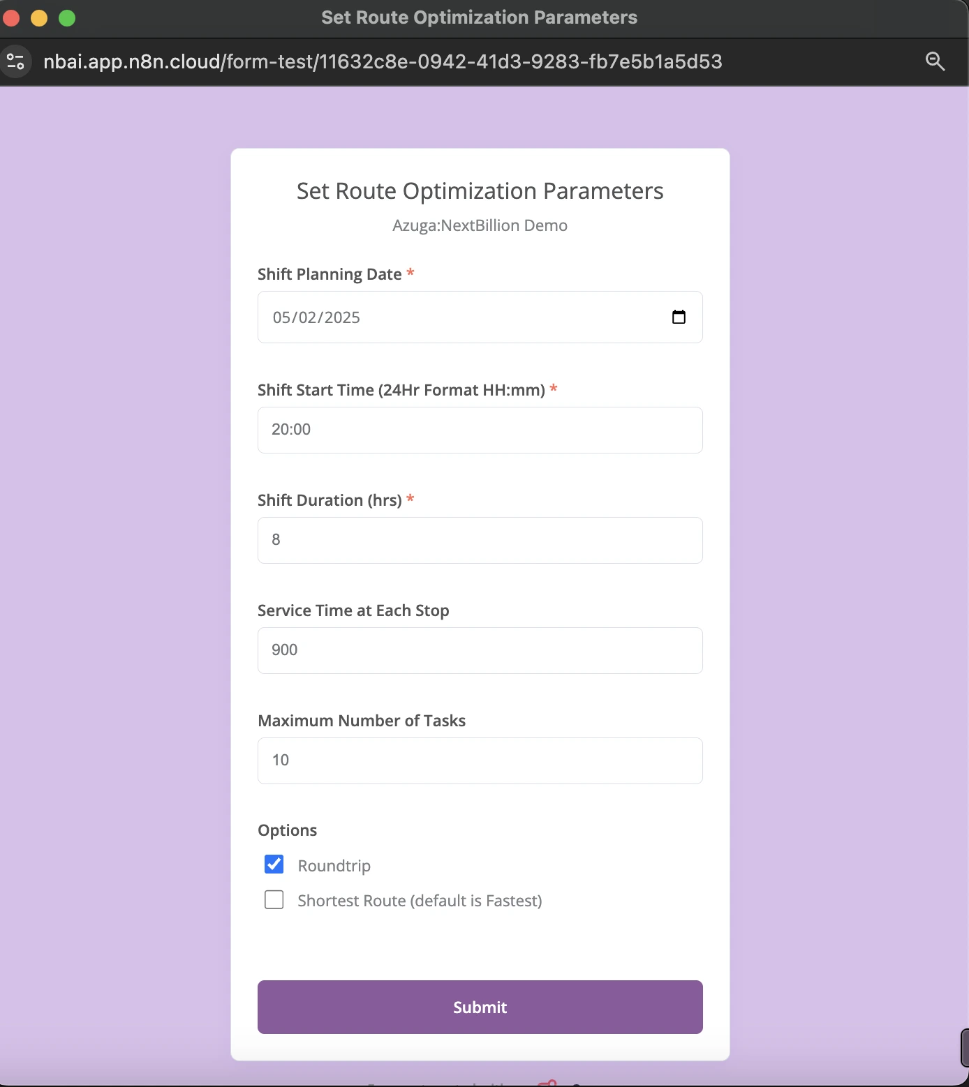 Define parameters for the n8n workflow