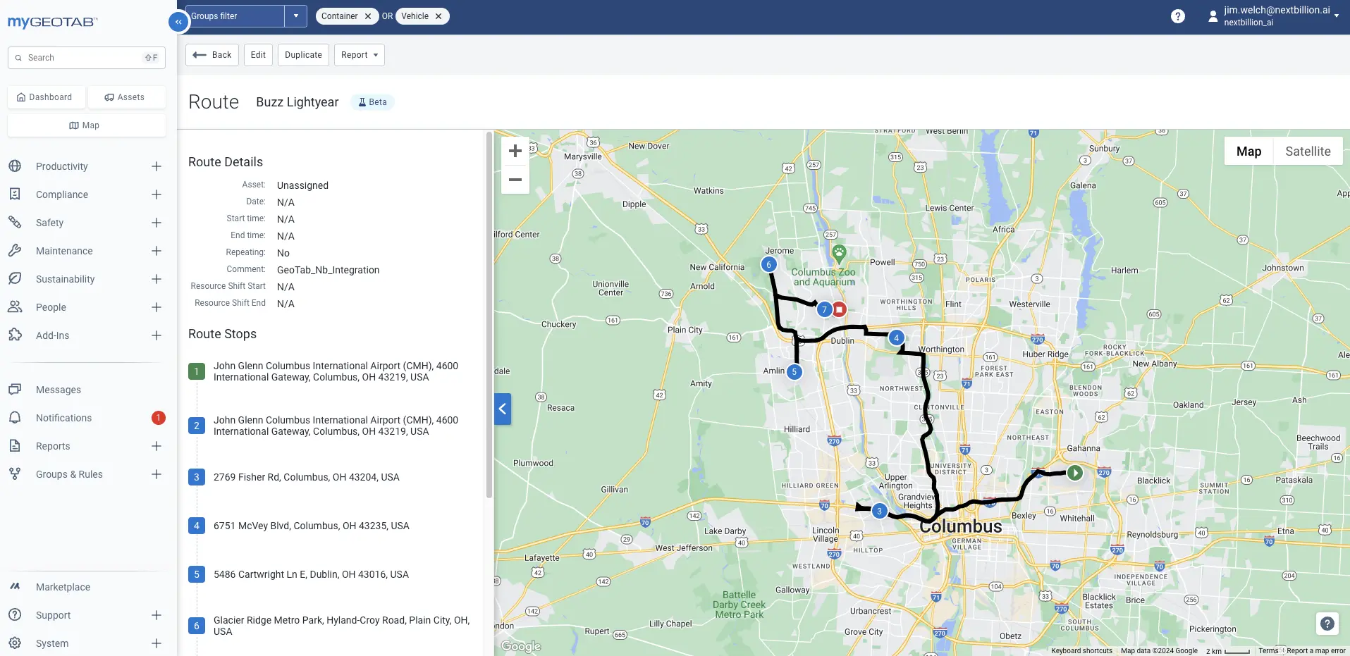 Visualize dispatch optimized routes in MyGeotab web application dashboard